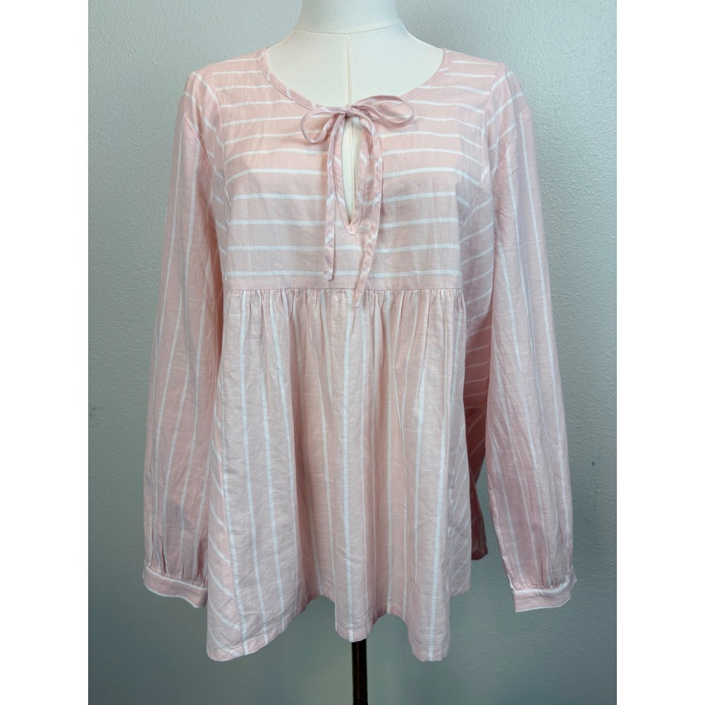 Lucky Brand Womens Pink White Striped 100% Cotton  Babydoll Top Large Cottage
